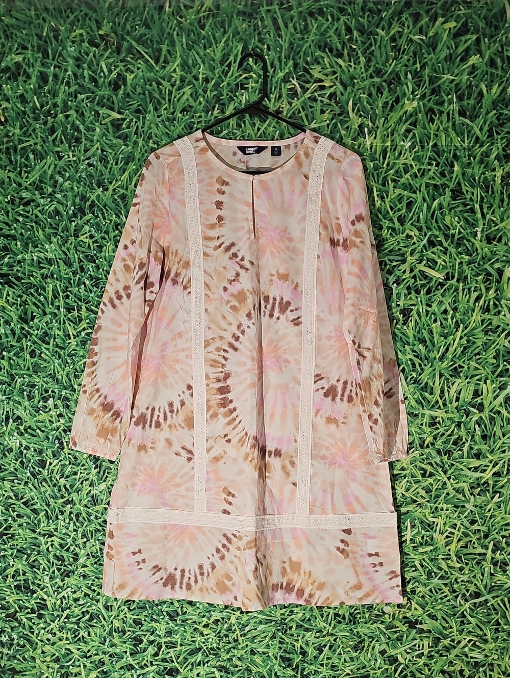 Lands' End Women's Cream Shirt with Pink and Peach Tie-Dye
